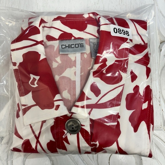 Chico's Red White Floral Jacket 1 / Small Cotton Stretch - Picture 6 of 6